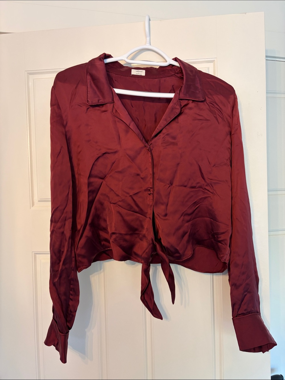 Womens Satin Tie-Front Button Shirt - Burgundy